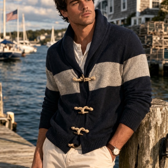 J. Crew Other - J.Crew Mens Nautical Shawl Collar Toggle Cardigan Navy Gray Stripe Sz L